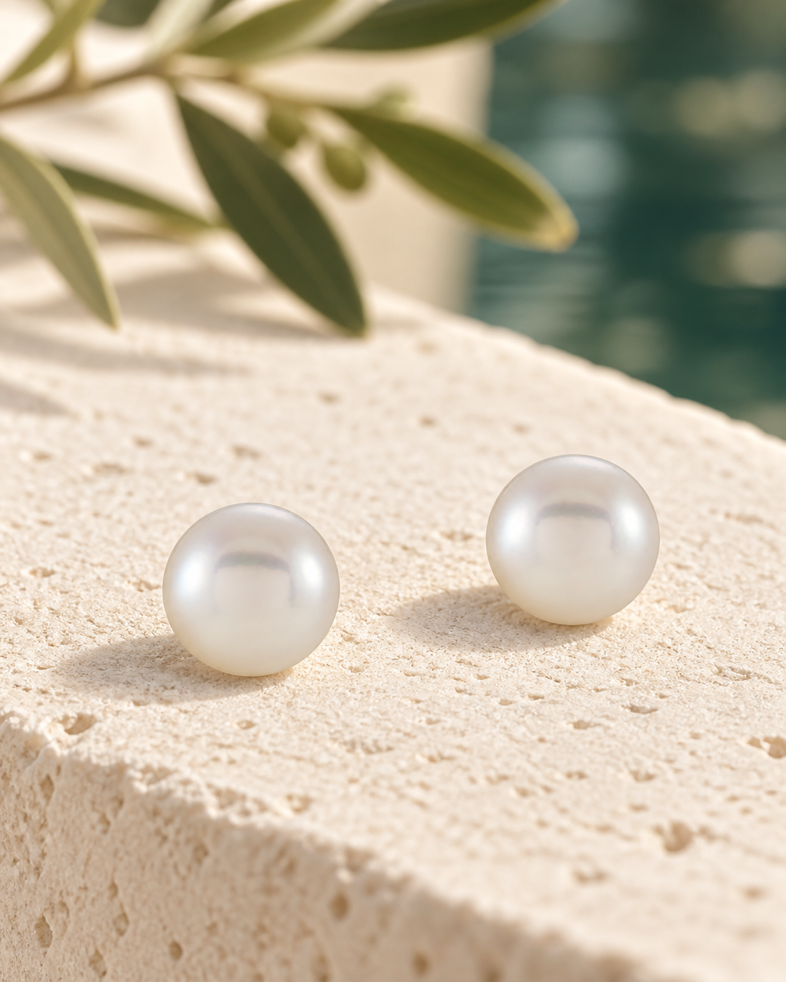Обеци · 14K жълто злато · Култивирана бяла сладководна перла · Перла · 4,0-4,5 mm — натюрморт върху светъл камък